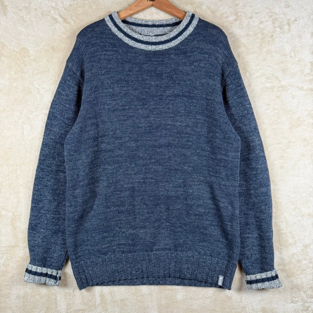 Bruzer Mens L Blue Marled Knit Sweater Crew Neck Long Sleeve Cotton Fall Fashion